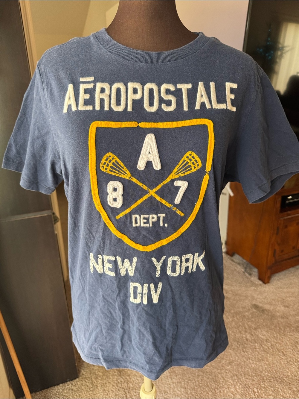 Men’s Aeropostale New York Lacrosse Blue Embroidered Cotton Preppy Shirt Medium